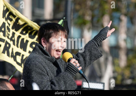 Green party member of Parliament Caroline Lucas seen speaking during the protest. The newly formed Extinction Rebellion group, concerned about climate change, calls for a peaceful mass civil disobedience to highlight politicians’ lack of commitment and action regarding environmental issues. Activists gathered at the Parliament Square and blocked the road for two hour. The protest included speakers such as Greta Thunberg, Caroline Lucas, and George Monbiot. According to Extinction Rebellion 15 people were arrested in the protest. Stock Photo