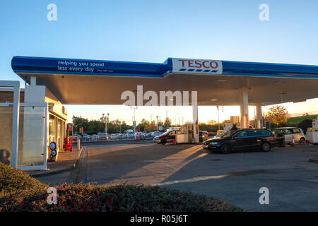 Fuel at Tesco Petrol station at Dinnington, Rotherham around sunset Stock Photo