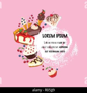 Cartoon style vector sweet desserts design with strawberry cheesecake on the pink background, place for text Stock Vector