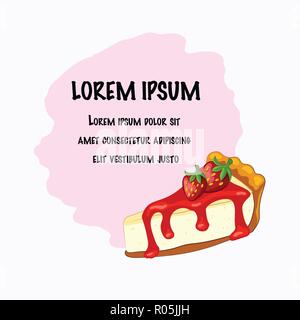 Cartoon style vector strawberry cheesecake with berry and place for text on the white background Stock Vector