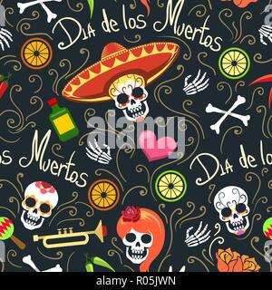 Dead day pattern. November mexican holiday dia de los muertos (day of the dead) vector semless pattern with sugar skulls and flowers Stock Vector