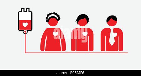 Blood donation concept: blood bag with heart and different people Stock Vector