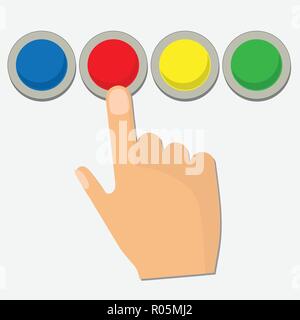 Human hand pressing a red button, conceptual vector Stock Vector