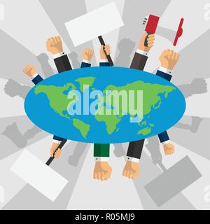 Human hands raised with banners around the earth globe Stock Vector