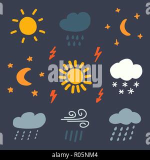 Doodle weather color icons. Hand drawing sign, logo, pictogram for mobile app and web design. Simple flat style. Pixel graphics. Vector illustration. Stock Vector