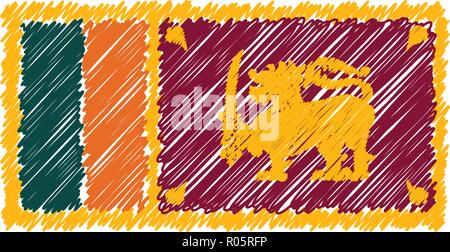 Hand Drawn National Flag Of Sri Lanka Isolated On A White Background. Vector Sketch Style Illustration. Stock Vector