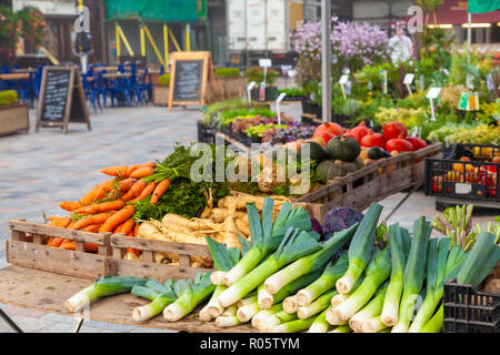 A Vegetable stall on Salisbury Market Wiltshire England. Stock Photo