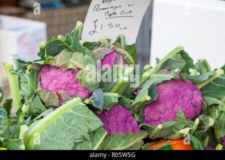 Purple cauliflower for sale on a market stall in Salisbury Wiltshire. Stock Photo