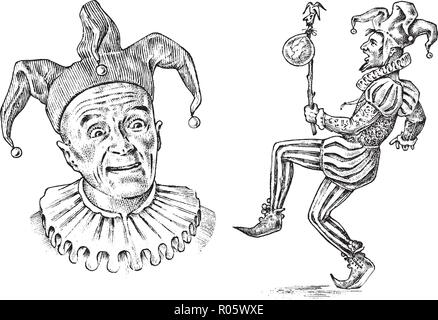 Funny jester in fool s cap. Clown in costume. Comedian character. Vintage engraved illustration. Monochrome style. Stock Vector