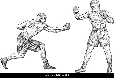 Boxers are training. Sport strong men fight. Vintage monochrome illustration. Hand drawn. Stock Vector