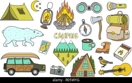 Set of cute camping elements. Equipment in forest. Stickers, doodle pins, patches. Mountain, fire, map, compass, bear, tent, car, backpack, guitar. Stock Vector