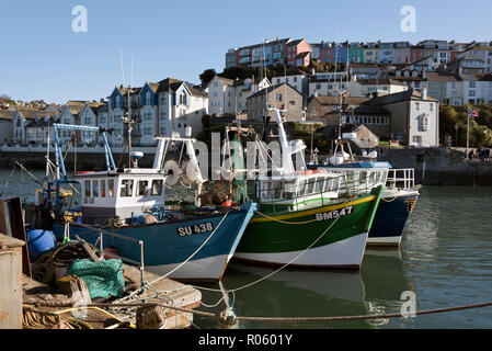Fishing boats moored in the harbour at Brixham, Devon, UK