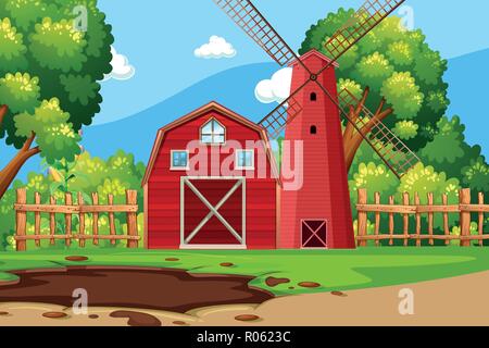 Farm scene with red barn illustration Stock Vector