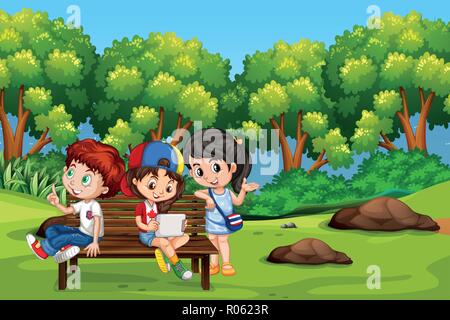 Free Vector | Scene with many kids doodle cartoon character in nature park