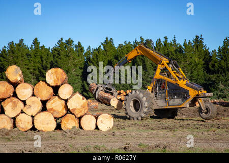 Heavy yellow logging machinery used to stack logs for transportation Stock Photo