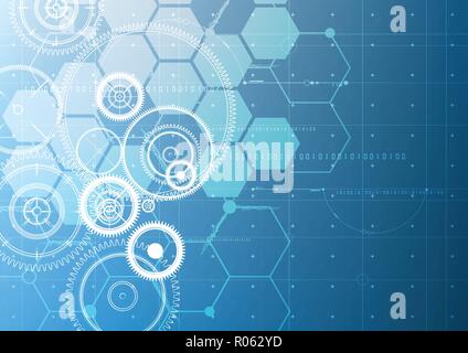 Technological abstract digital gears blueprint interface background vector design Stock Vector