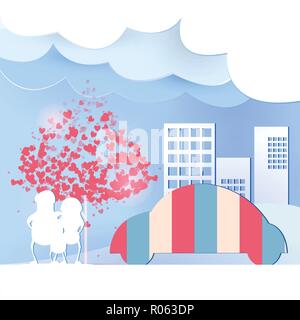 Paper art family classic car in the city vector background design Stock Vector