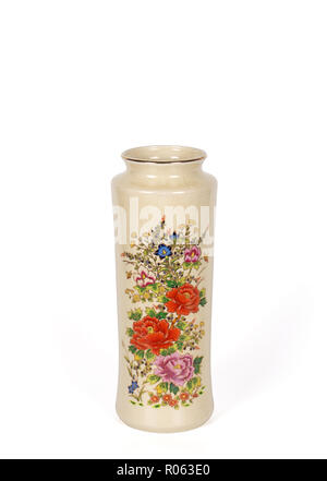 Closeup Beautiful Vase with Flowers Pattern Isolated on White Background, Clipping Path Stock Photo