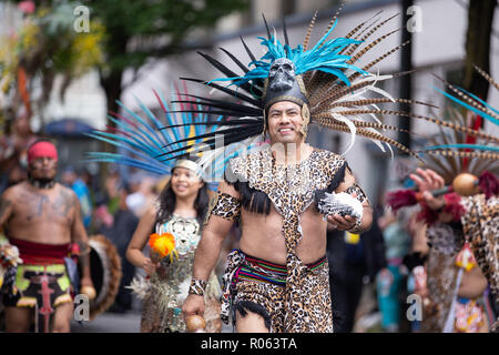 Portland, OR / USA - June 11 2016: People in aztec traditional costumes at the grand floral parade. Stock Photo