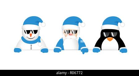 cool snowman santa and penguin cartoon with sunglasses in blue clothes vector illustration EPS10 Stock Vector