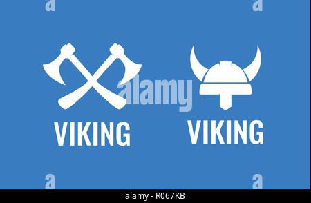 Viking flat icon set. Vector Illustration of medieval scandinavian warriors. Crossed Axes and Helmet of Viking. Stock Vector