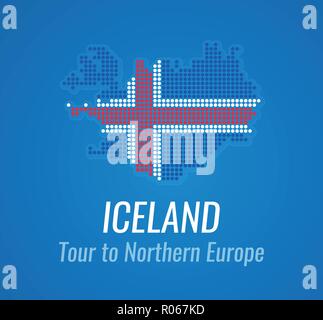 Vector map silhouette of Iceland with caption and tagline - Map of Dots in color of Icelands flag on blue color. Stock Vector