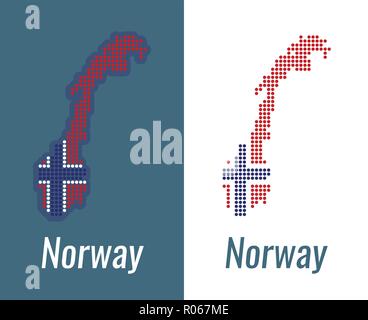Norwegian dots map on a dark and white background - Vector illustration Contour in color of national flag of Norway. Stock Vector