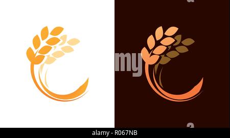 Ear of Wheat logotype for Bakery or Harvest Farm Company. Vector Emblem isolated on white and dark brown background. Stock Vector