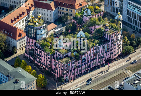 Aerial View, Green Citadell, Hundertwasser House, Arthotel Magdeburg, Magdeburg-Altstadt, Magdeburg, Sachsen-Anhalt, Germany, DEU, Europe, aerial view Stock Photo