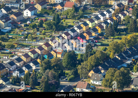 Aerial view, historic coal mine Friedrichstraße, semi-detached houses, identical houses, colorful settlement, Königsborn, Unna, Ruhr area, North Rhine Stock Photo