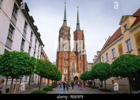 Tumski Island cathedral, view along Katedralny towards the twin towered west end of St John the Baptist Cathedral on Tumski Island, Wroclaw, Poland. Stock Photo