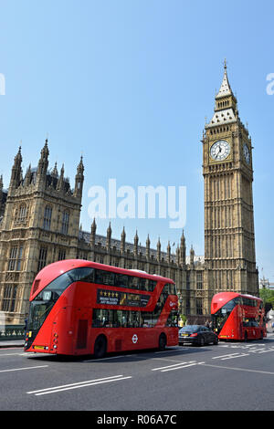 LONDON, UNITED KINGDOM - JUNE 2016 - Two doubledeckers in front of Houses of Parliament in London Stock Photo