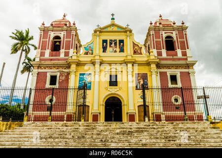 A view of the colourful Church of El Calvario, Leon, Nicaragua, Central America Stock Photo