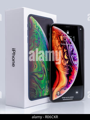Galati, Romania - October 26, 2018: Apple launch the new smartphone iPhone XS and iPhone XS Max. iPhone Xs Max on white background. Stock Photo