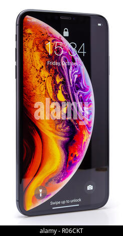 Galati, Romania - October 26, 2018: Apple launch the new smartphone iPhone XS & iPhone XS Max. iPhone Xs Max on white background. Stock Photo
