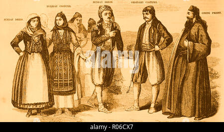 1859- How people dressed in Corfu, Greece on different occasions including clergy Stock Photo