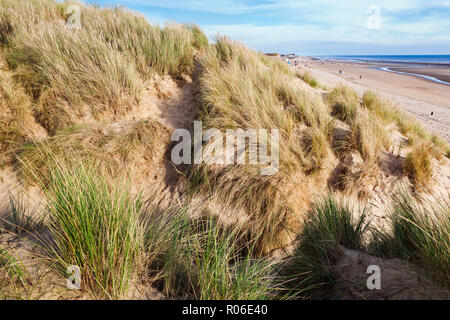 Camber Sands, sandy beach at the village of Camber, East Sussex near Rye, England, the only sand dune system in East Sussex. View of the dunes, grass Stock Photo