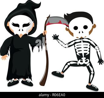 Happy kids celebrating halloween with costumes cartoons vector illustration graphic design Stock Vector