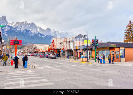 CANMORE, CANADA - OCT. 26, 2018: Downtown Main Street in Canmore Kananaskis of the Canadian Rockies. As a gateway to Banff National Park, the mountain Stock Photo