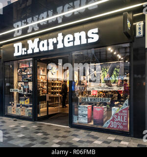 Exterior, entrance and window display of the Dr Martens shop (shoe chain branch) in central Glasgow, Scotland, UK Stock Photo