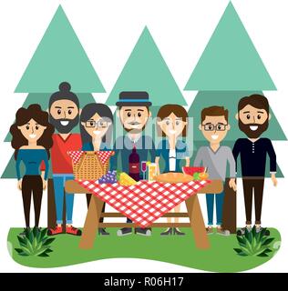 Young friends having picnic at park cartoons vector illustration graphic design Stock Vector