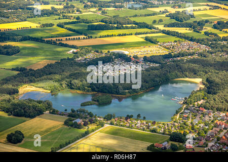 Lake, Camping Münsterland Eichendorf, Sassenberg, Münsterland, North Rhine-Westphalia, Germany, Europe, DEU, birds-eyes view, aerial view, aerial phot Stock Photo