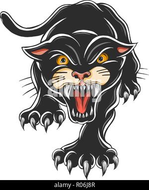 Angry black panther. Attacking pose . Tattoo vector illustration Stock Vector