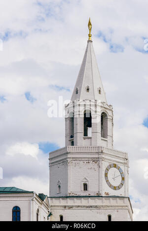 White Spasskaya Tower with Cloudy Sky on Background. Kazan, Russia Stock Photo