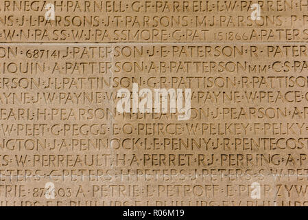 Inscribed names of fallen soldiers at Canadian First World War memorial at Vimy Ridge near Arras France 001 Stock Photo