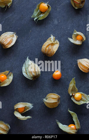 Arrangement of physalis fruit, Cape Gooseberries, on natural slate background - portrait Stock Photo