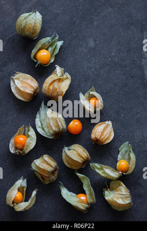 Arrangement of physalis fruit, Cape Gooseberries, on natural slate background - portrait mode with copy space top right Stock Photo