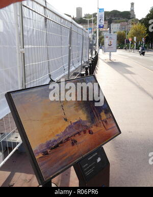 AJAXNETPHOTO. 2018. CANNES, FRANCE. - BORDS DE LA MEDITERRANEE - INFORMATION PANEL FOR OIL PAINTING OF CANNES CROISETTE WITH THE SUQUET DISTANT BY ADOLPHE FIOUPOU 1862; ORIGINAL PAINTING HOUSED IN THE MUSEE DE LA CASTRE.  PHOTO:JONATHAN EASTLAND/AJAX REF:GX8 182509 575