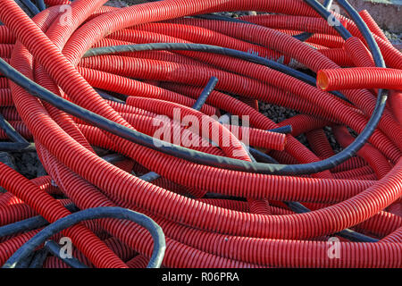 PVC corrugated pipes for cable lay on the construction site Stock Photo