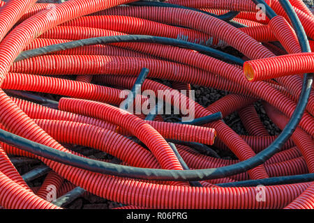 PVC corrugated pipes for cable lay on the construction site Stock Photo